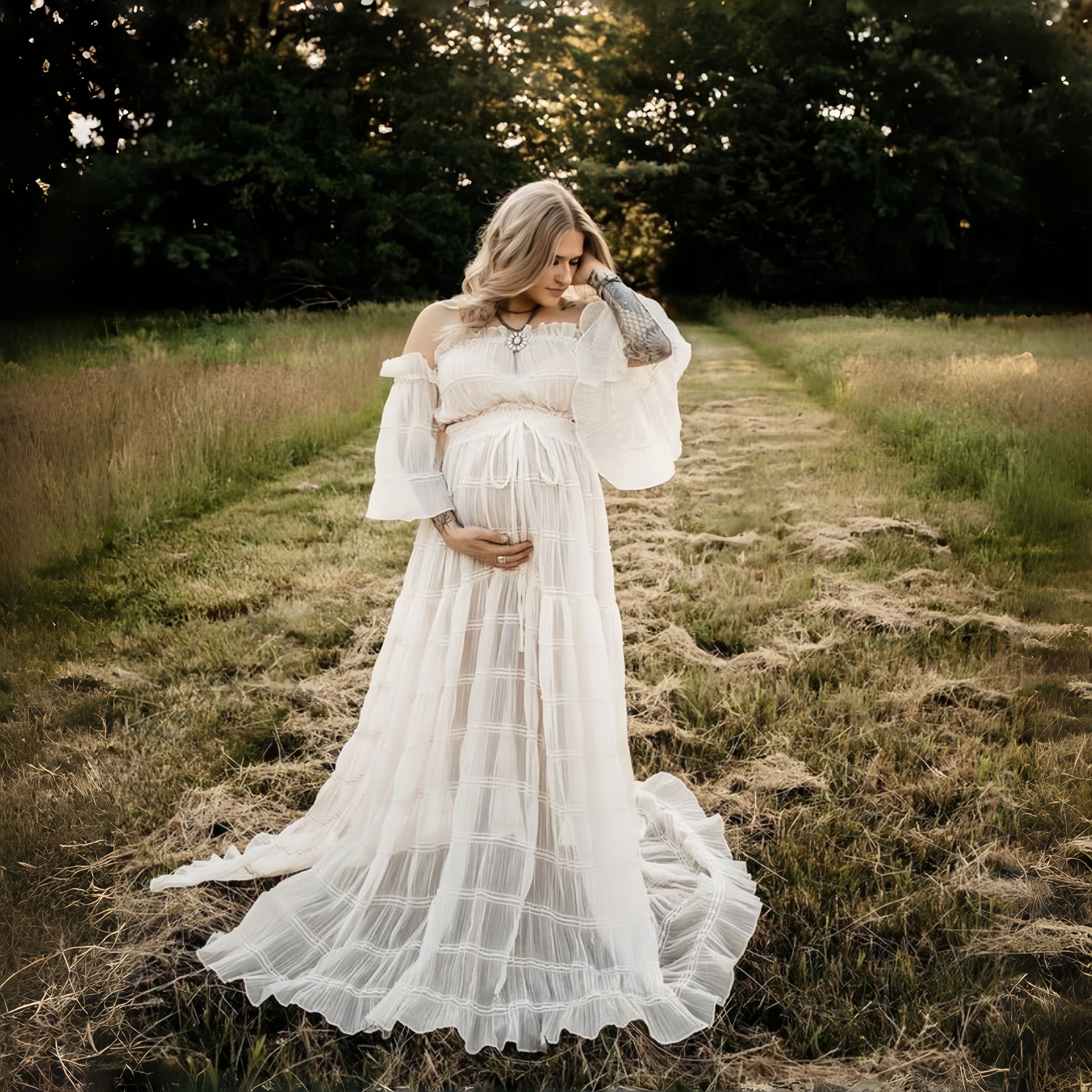 White Pleated Chiffon Maternit – обзор и цена Photography Outfits